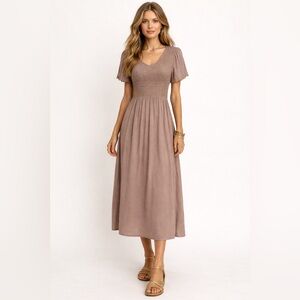 Baltic Born Smocked Midi Dress XS Brown Flutter Sleeve Boho Lagenlook Cottage